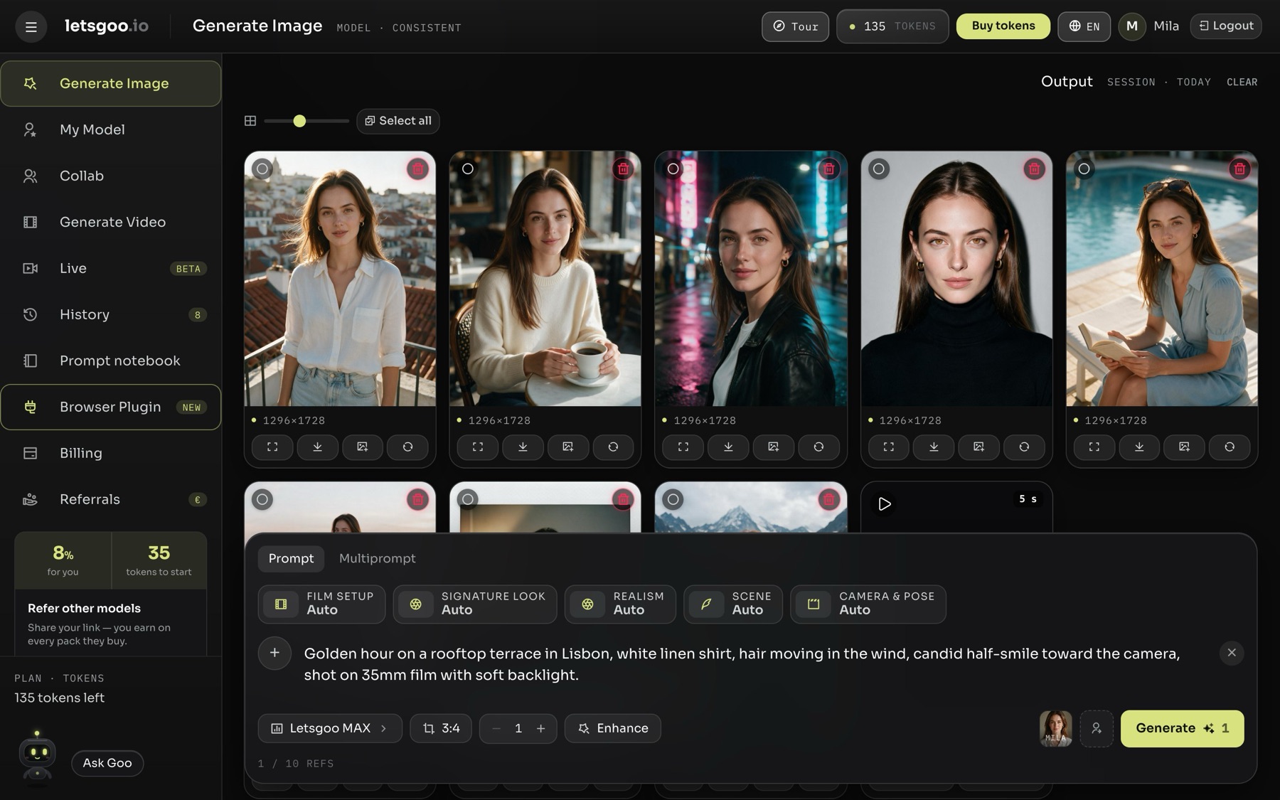 The letsgoo workspace: a grid of generated images of one AI character above the prompt composer